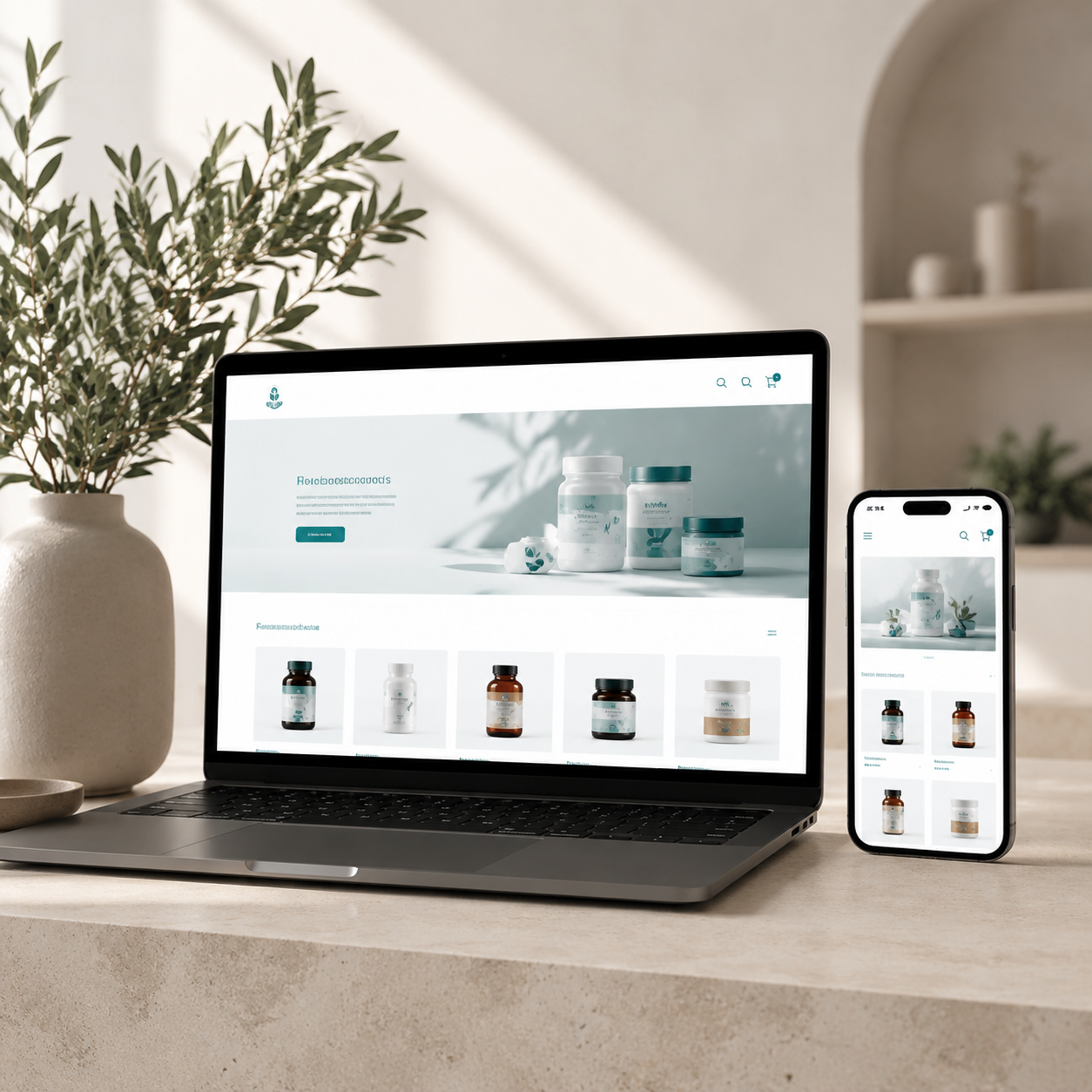 Clinical supplement ecommerce experience displayed across laptop and phone